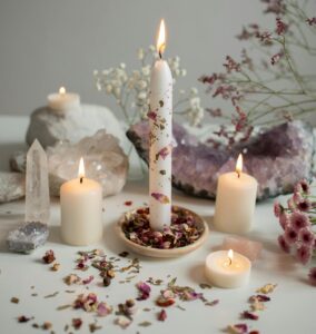 A serene arrangement of candles, crystals, and dried flowers creates a calming atmosphere.